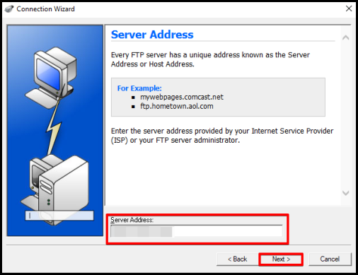 WS_FTP set up Server Address information