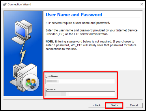 WS_FTP FTP login credentials set up