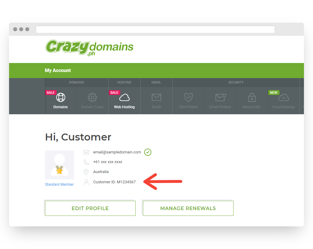 Screenshot of Crazy Domains' Customer ID Placement