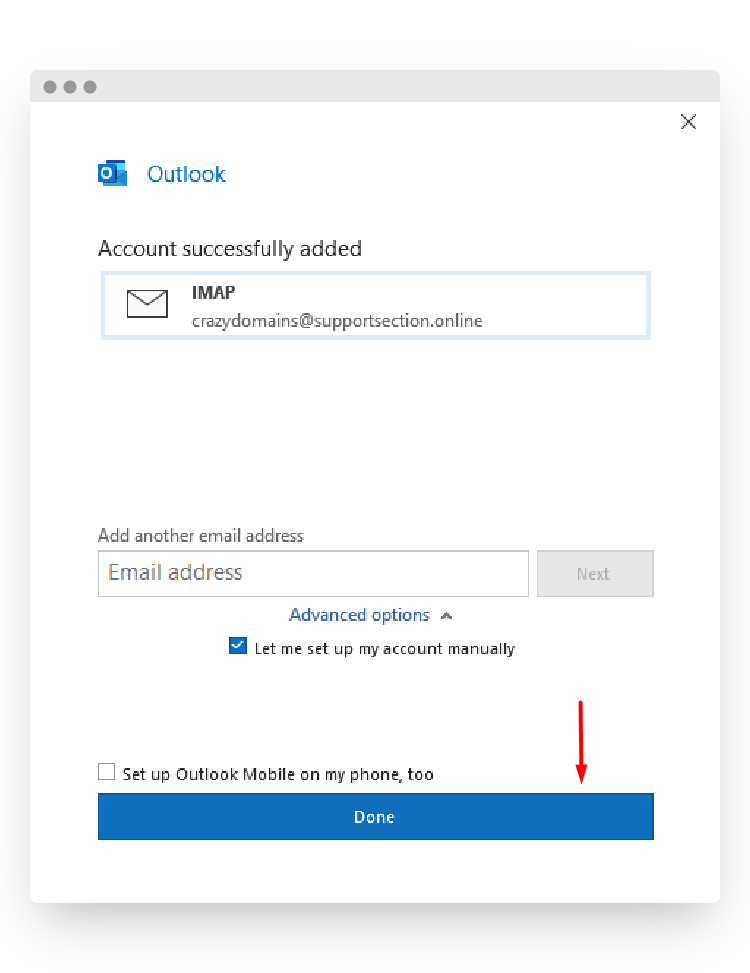 Screenshot of CD Email Setup Outlook M365 Done Button