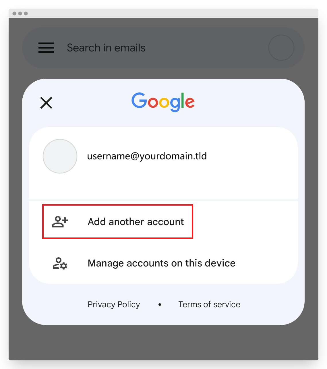 Screenshot of CD Plesk Setup Android Gmail Add Another Email Button