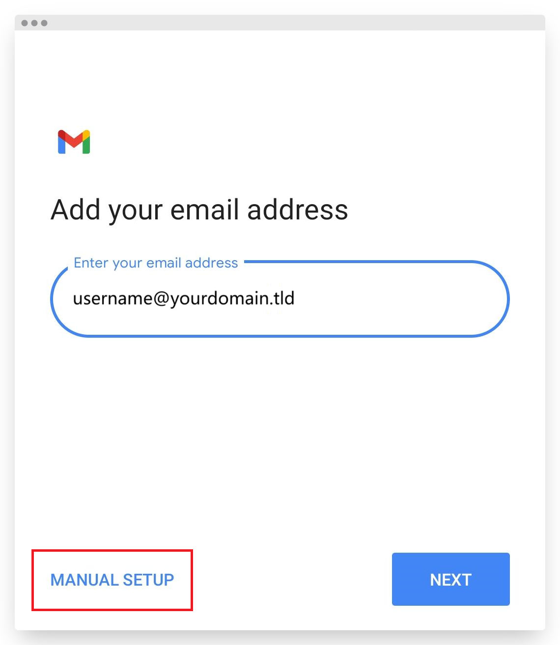 Screenshot of CD Plesk Email Android Gmail Manual Setup Button