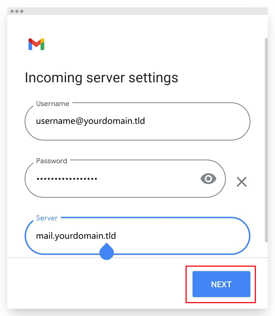 Screenshot of CD Plesk Email Setup Android Gmail Incoming Server