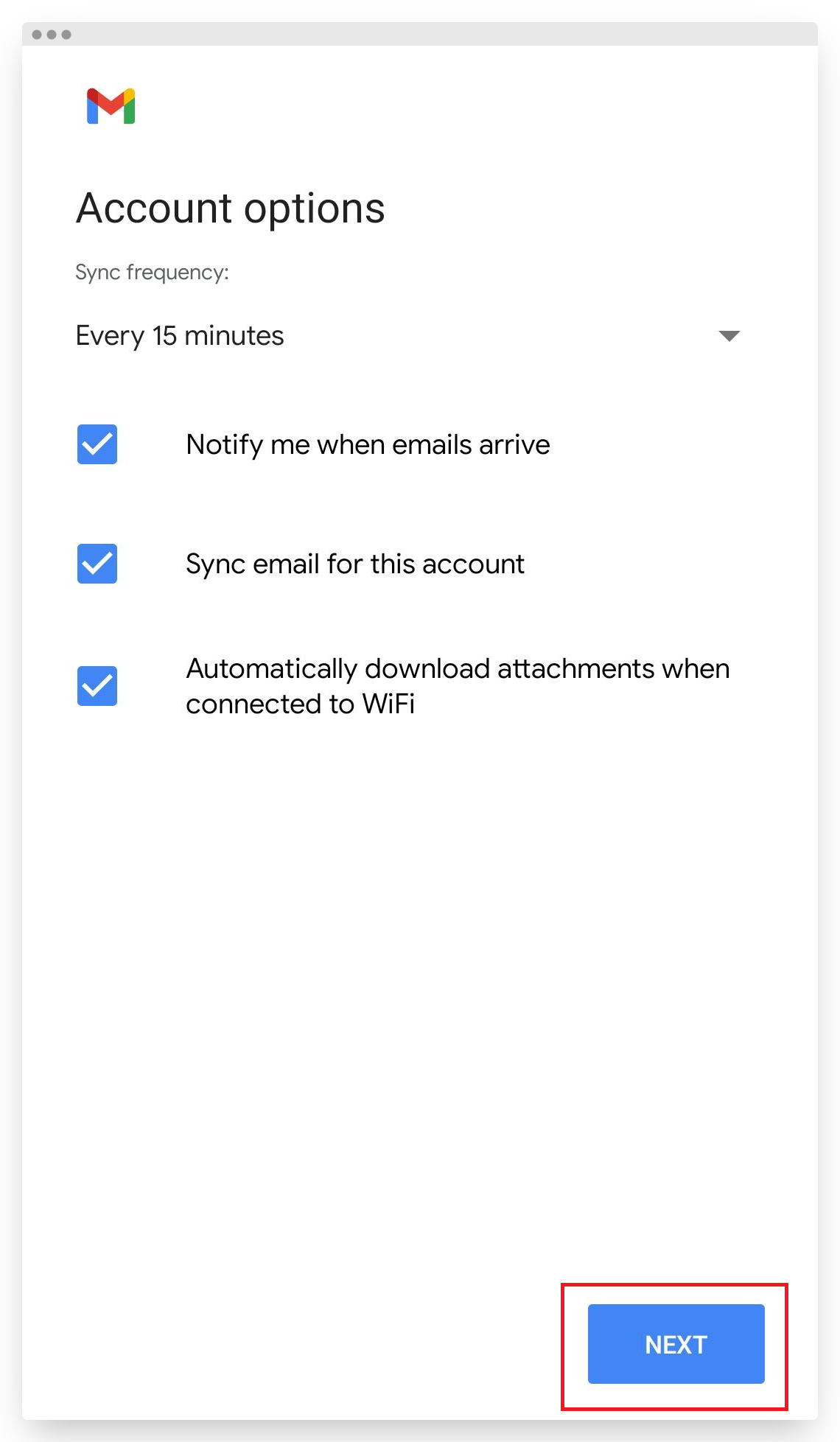 Screenshot of CD Plesk Email Setup Android Gmail Account Options