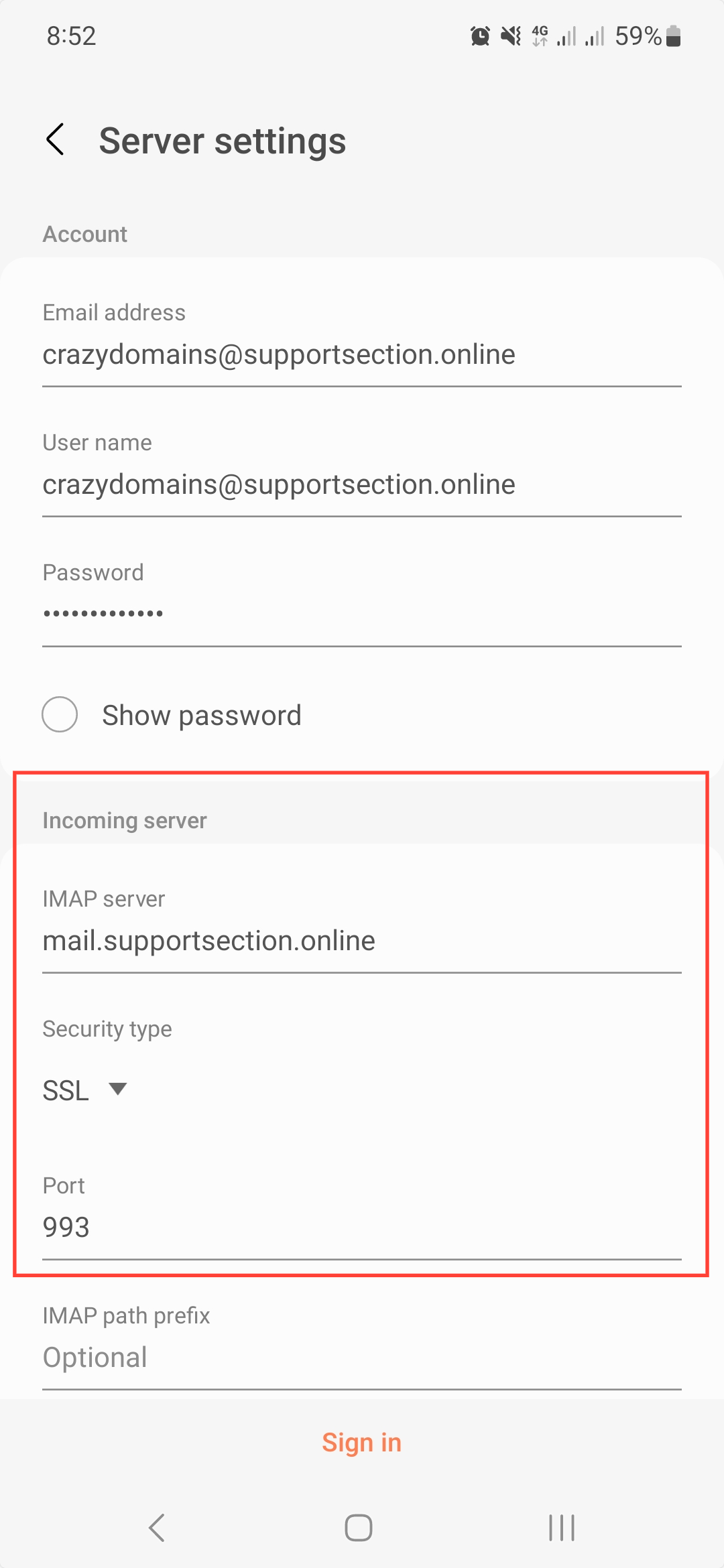 Screenshot of CD Email Hosting Samsung S23 Incoming Server Settings