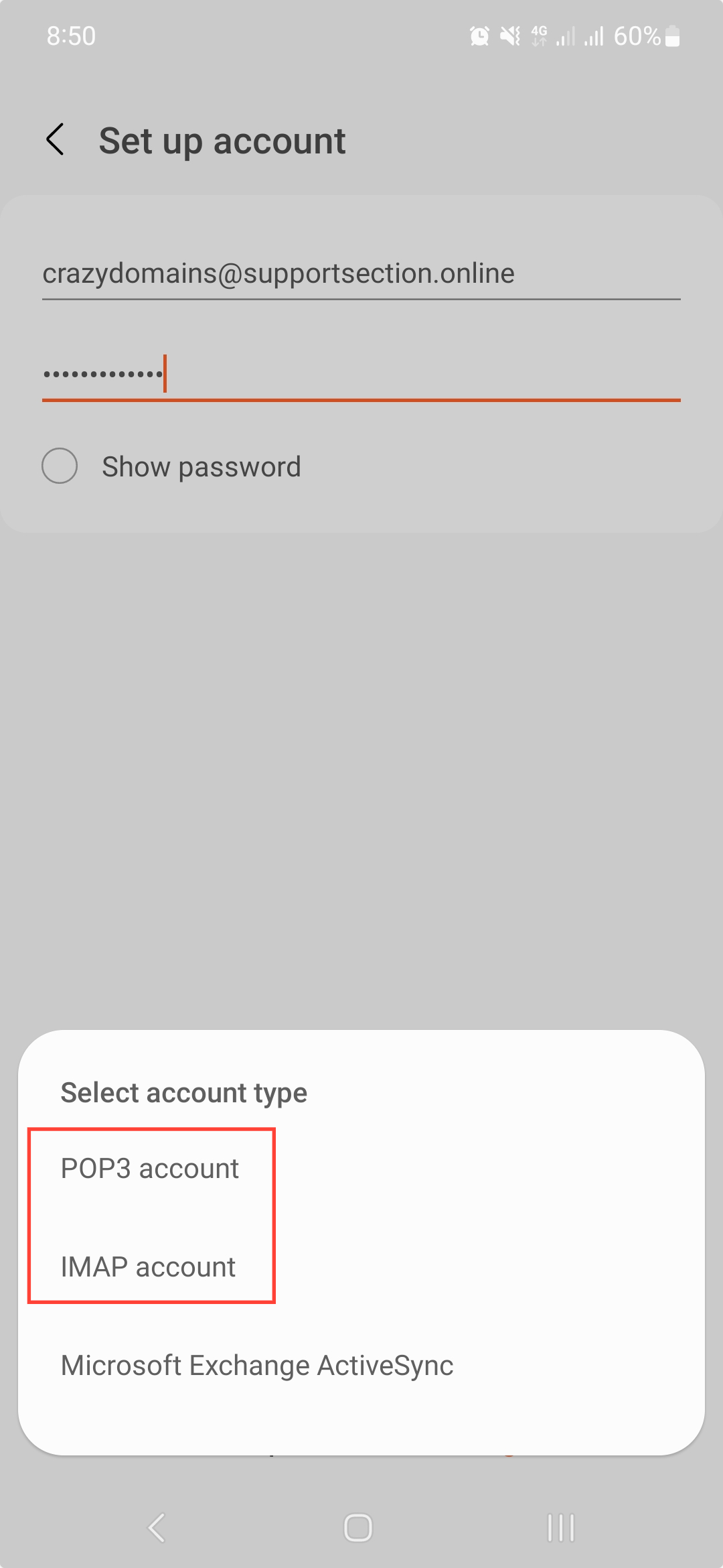 Screenshot of CD Email Hosting Samsung S23 Select Account Type