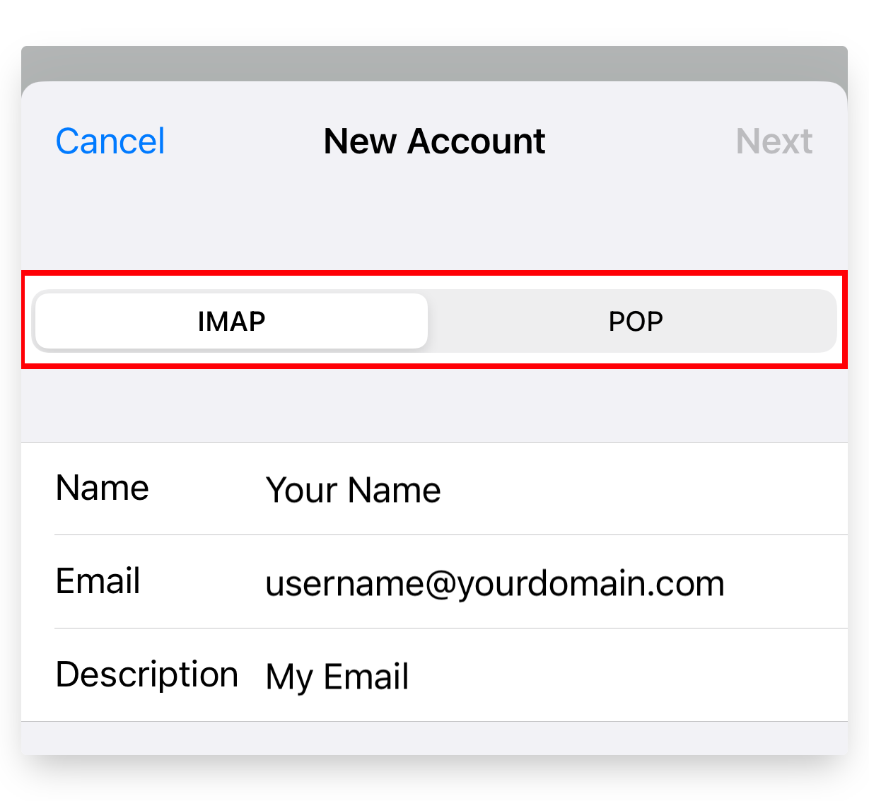 Screenshot of CD Email Setup iPhone IMAP or POP Button