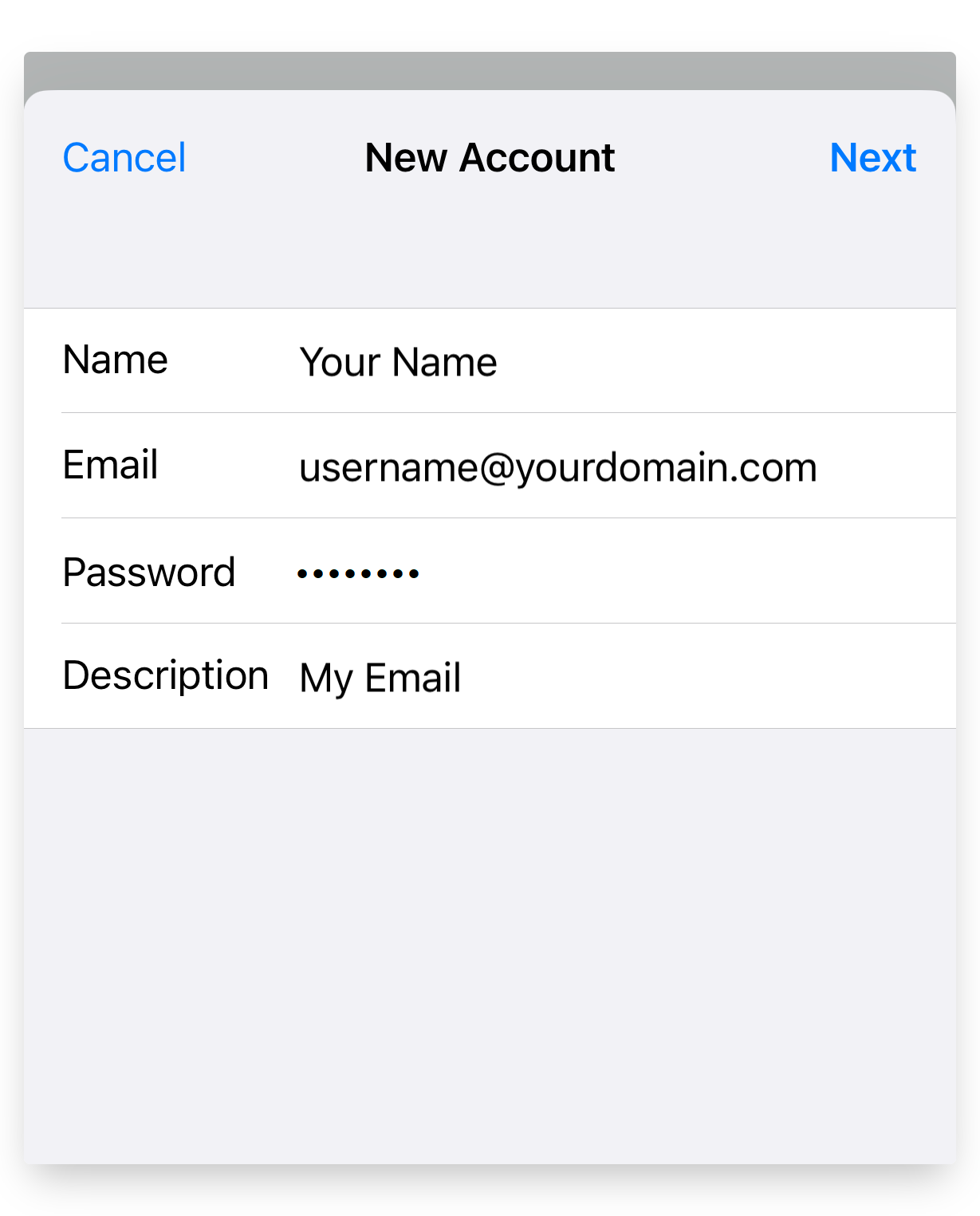 Screenshot of CD Email Setup iPhone New Account Screen