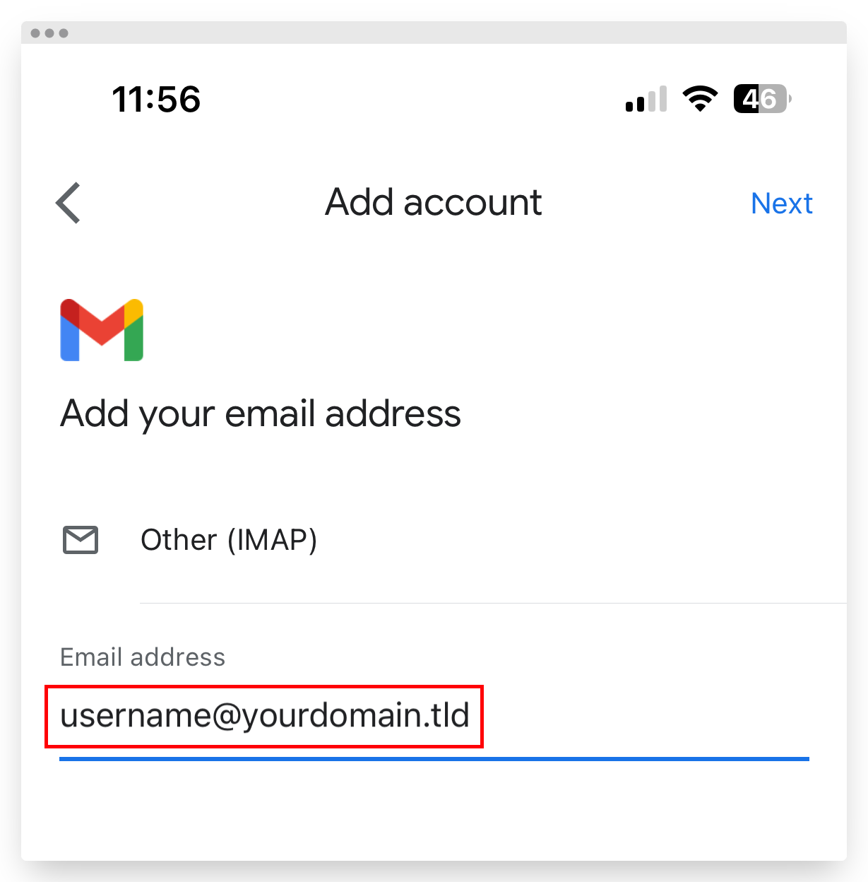 Screenshot of CD iPhone Gmail Setup Add Email Address