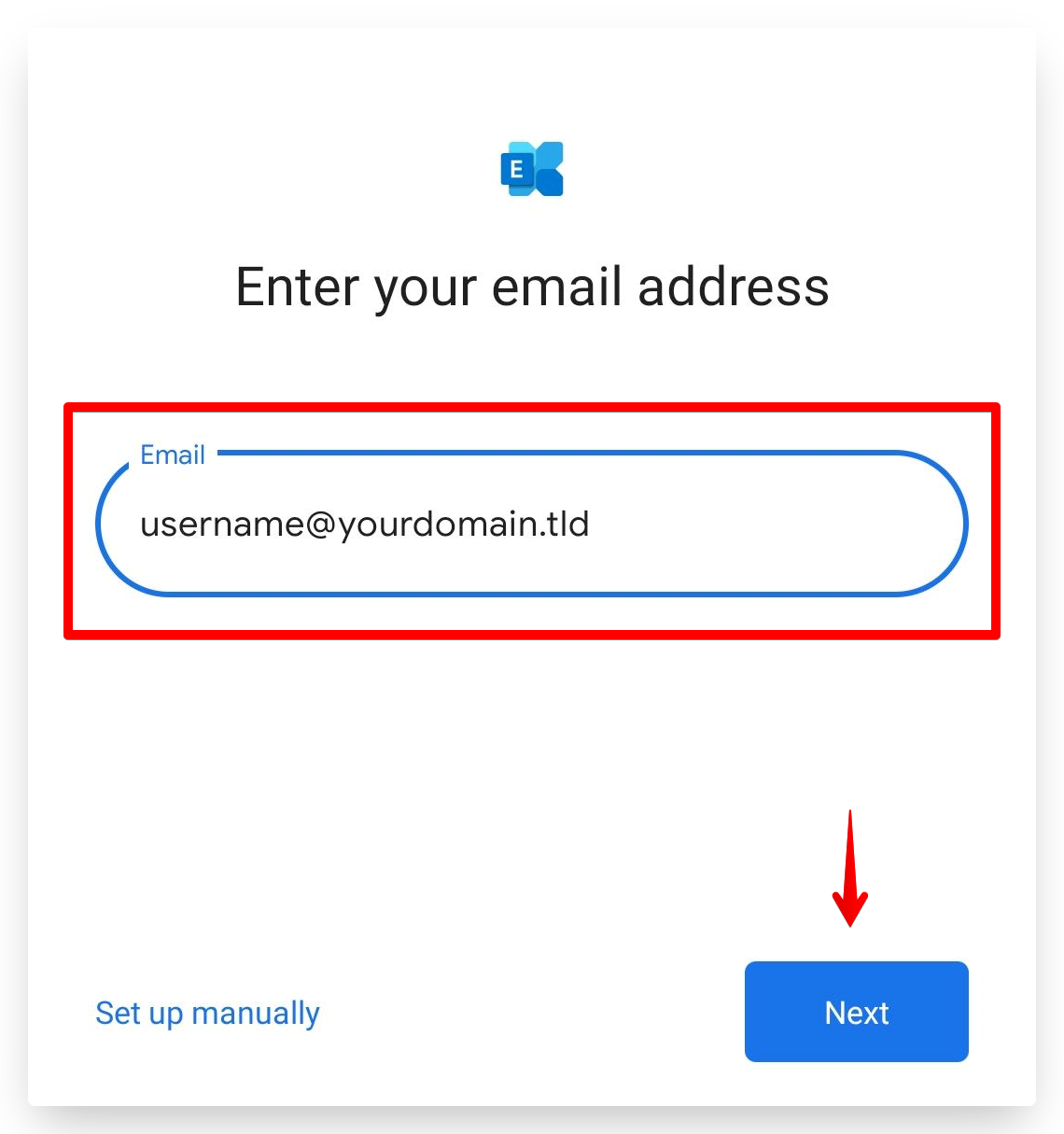 Screenshot of CD Email Exchange Setup Android Gmail Enter Address