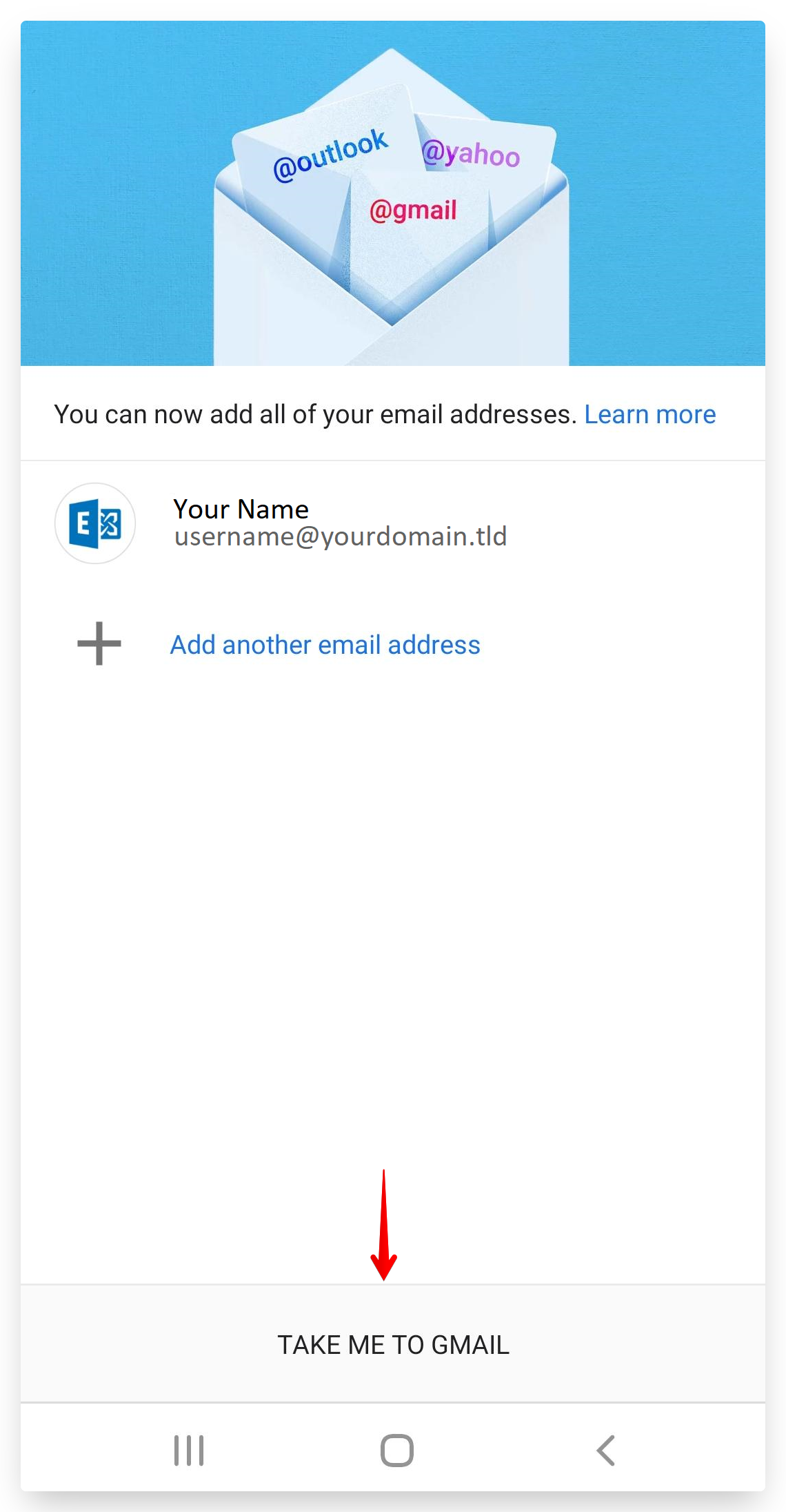 Screenshot of CD Email Exchange Setup Android Take Me To Gmail Buttom