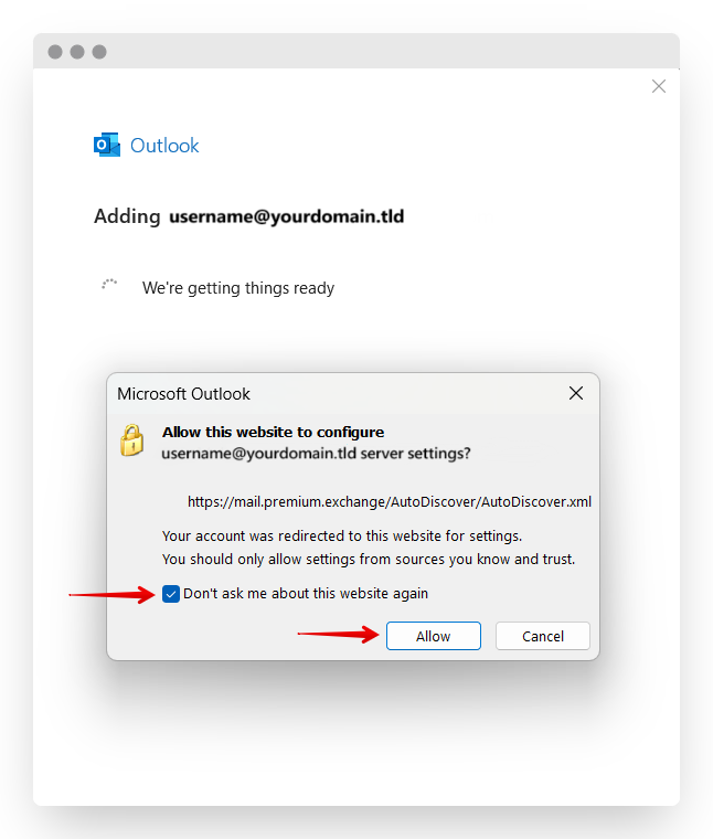 Screenshot of CD Email Exchange Setup Outlook 2019 Autodiscover Popup