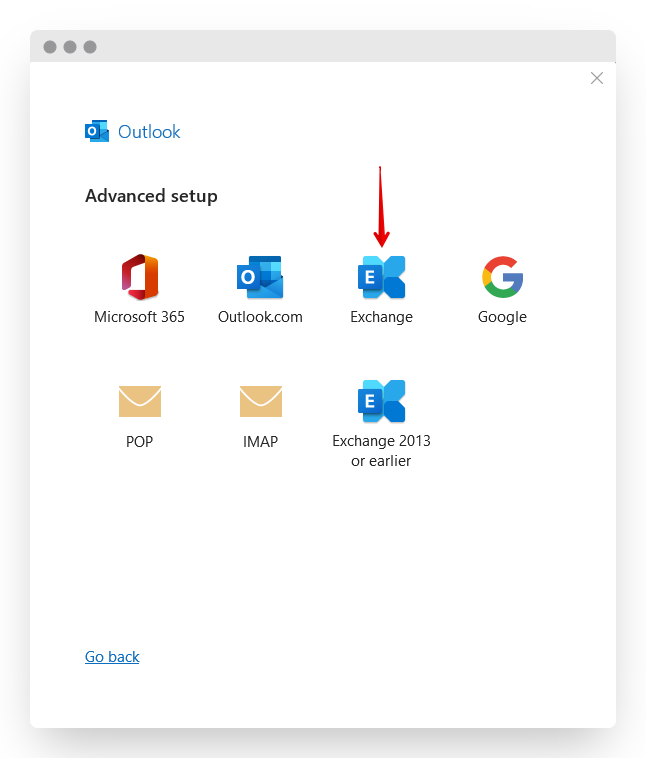 Screenshot of CD Email Exchange Setup Outlook 2019 Exchange Button