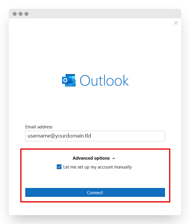 Screenshot of CD Email Exchange Setup Outlook 2019 Connect Button