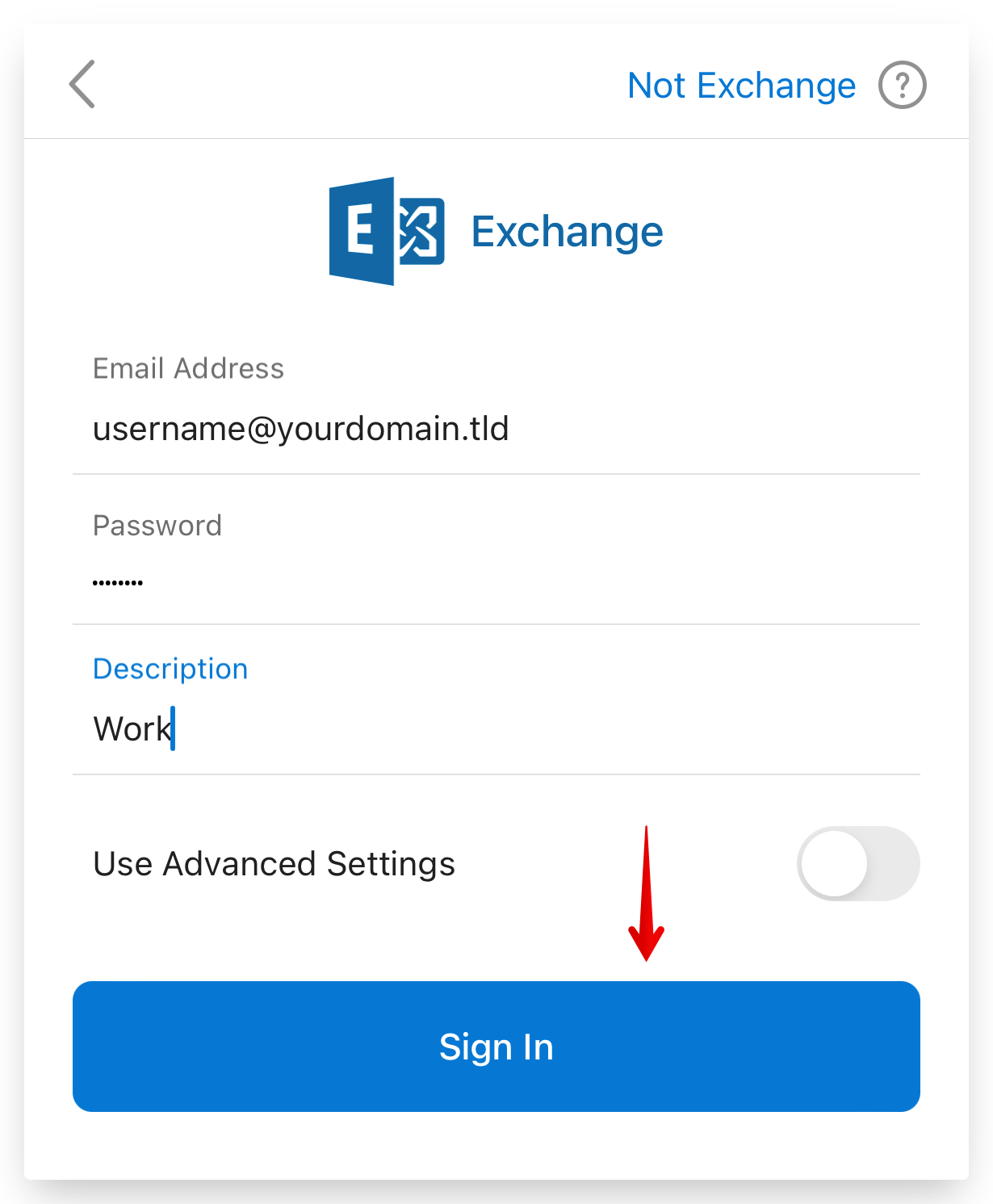 Screenshot of CD Email Exchange Outlook for iPhone Sign In Button
