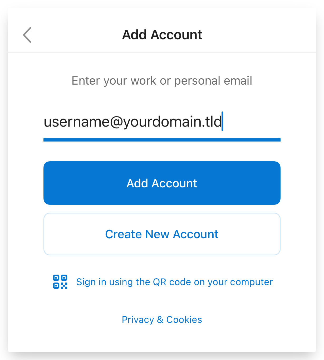 Screenshot of CD Email Exchange Outlook for iPhone Add Account Button