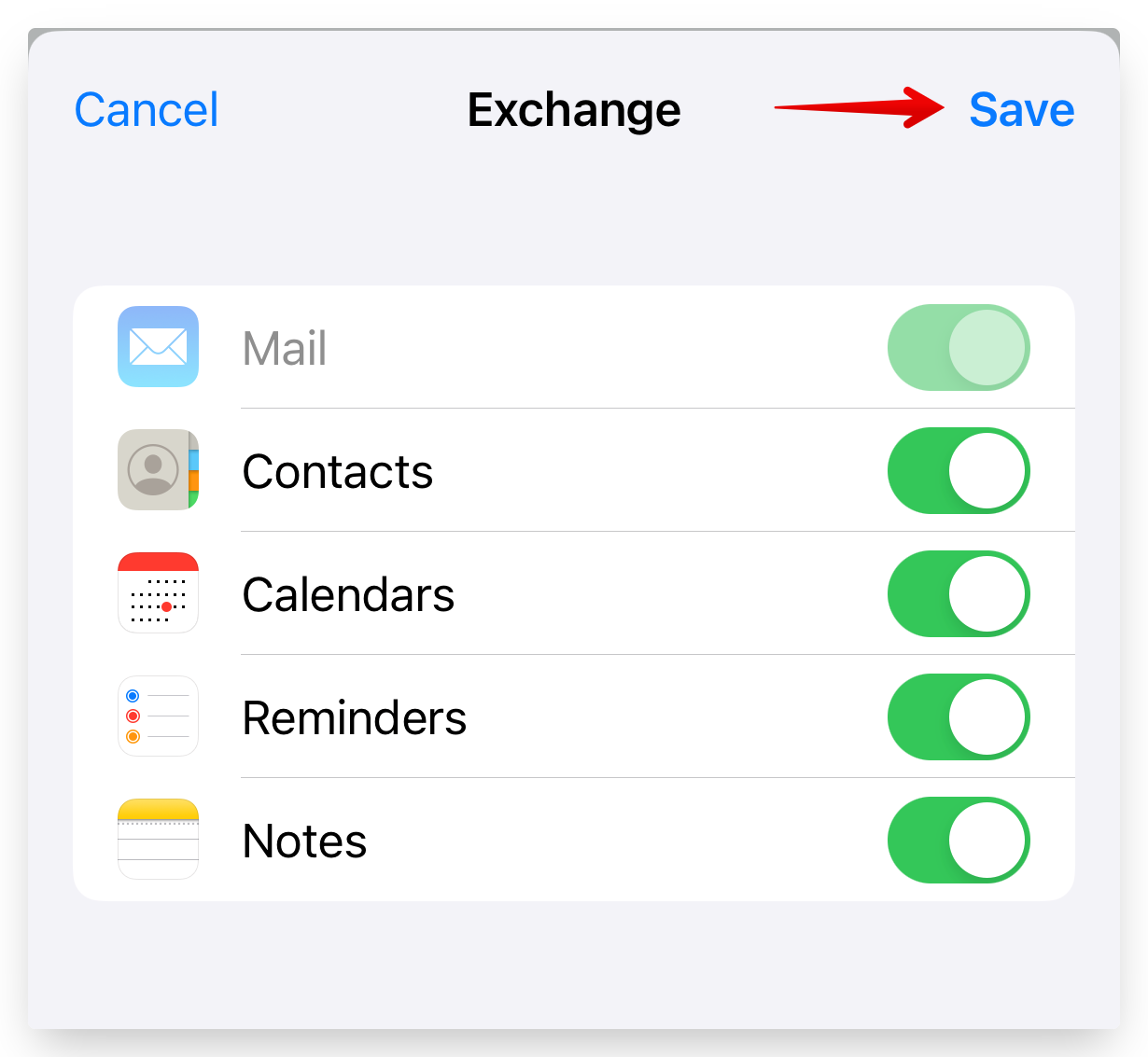 Screenshot of CD Email Exchange iPhone Save Screen Setup