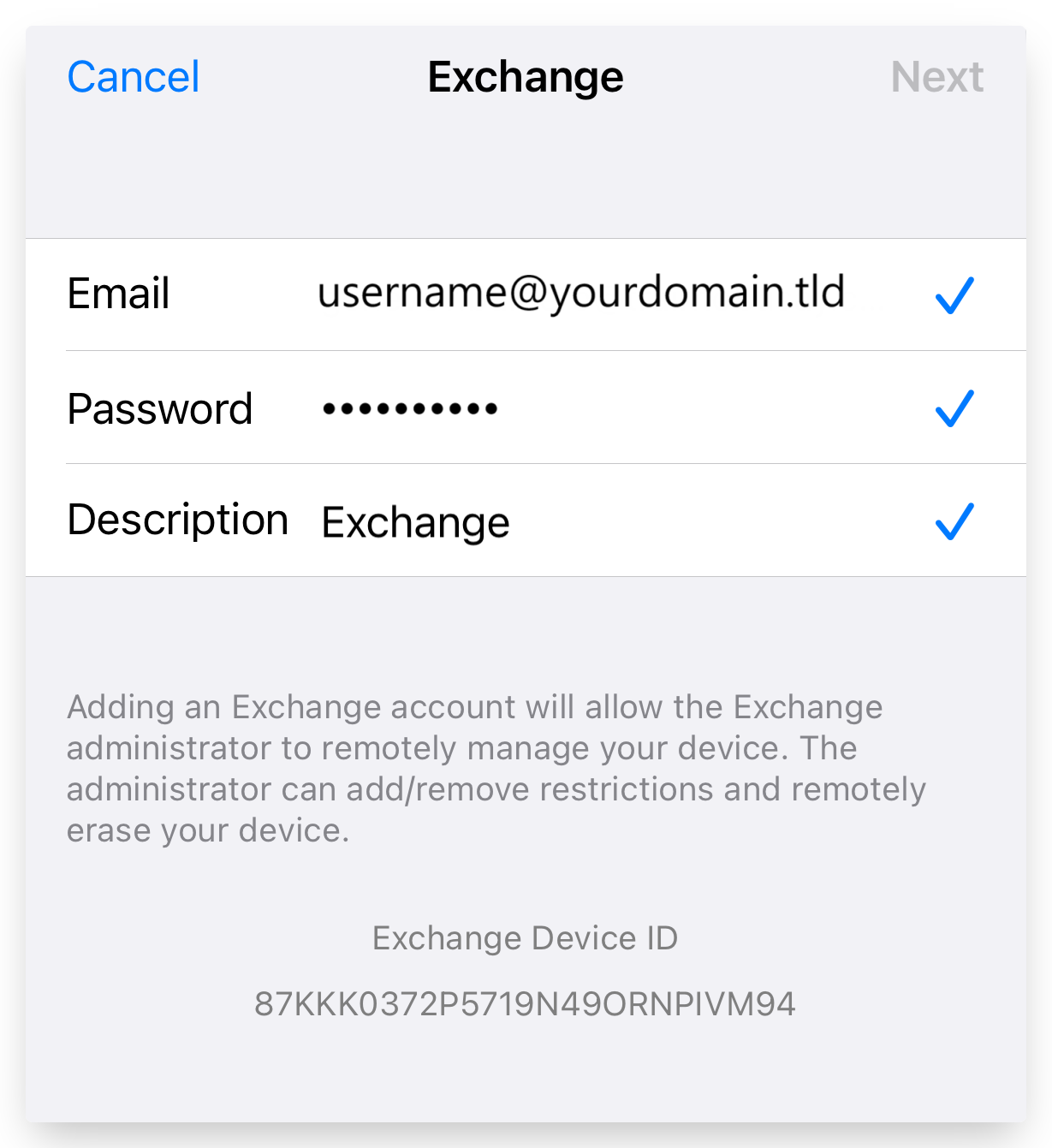 Screenshot of CD Email Exchange iPhone Setup Confirmation Screen