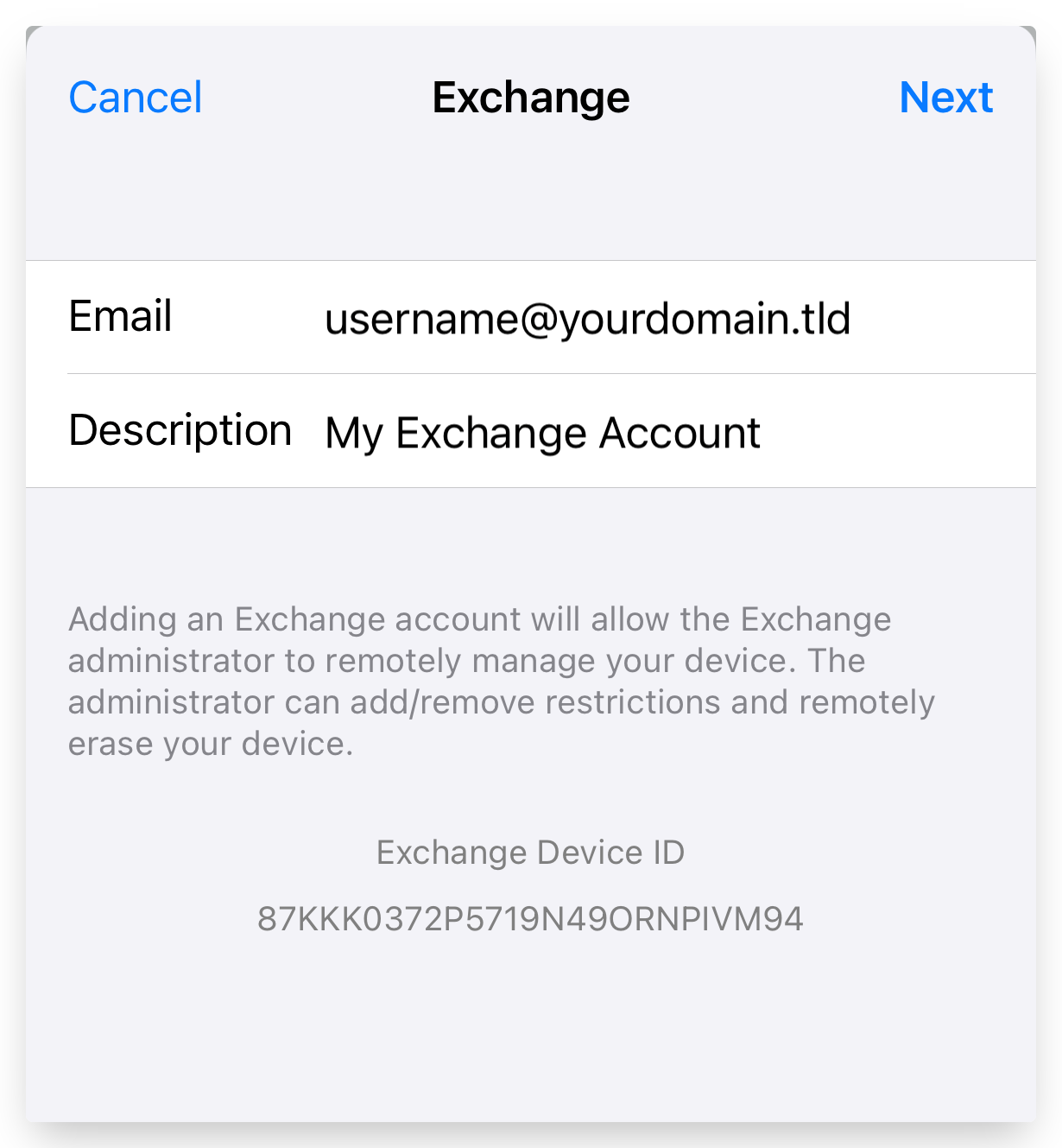 Screenshot of CD Email Exchange iPhone Setup Enter Email and Description