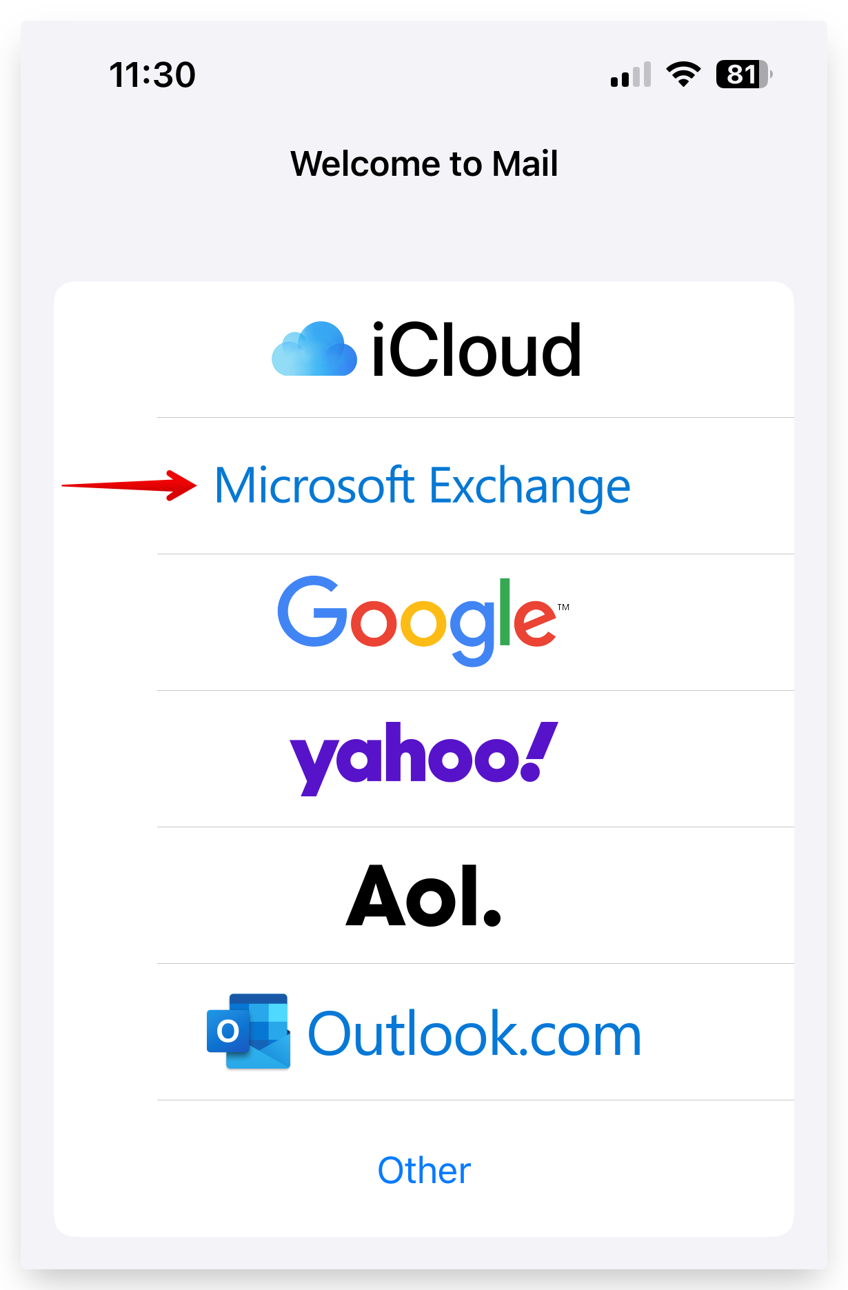 Screenshot of CD Email iPhone Setup Microsoft Exchange Option