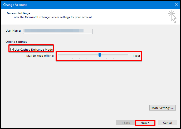 configure window on Outlook to set cached mode