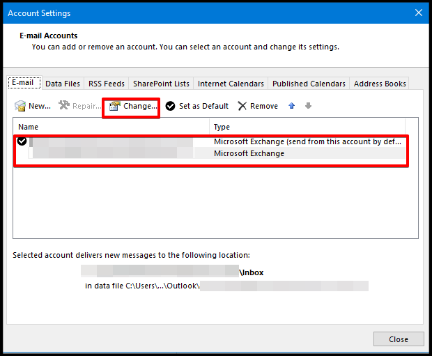 account settings window to set cached exchange mode on outlook