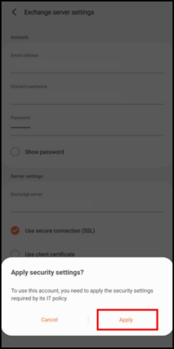 apply server settings for set up exchange on android device