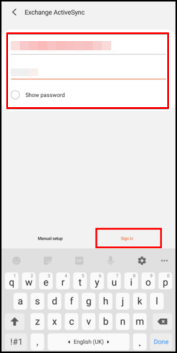 enter Email Exchange username and password for android device set up