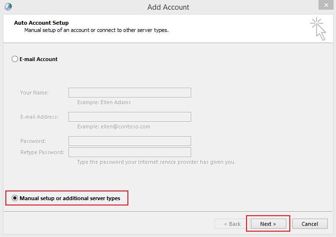 Outlook 2013 setup instructions for MS Email Exchange step 5
