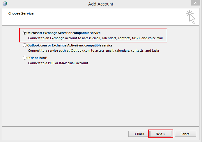 Outlook 2013 setup instructions for MS Email Exchange step 6