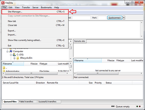using filezilla to upload with site manager