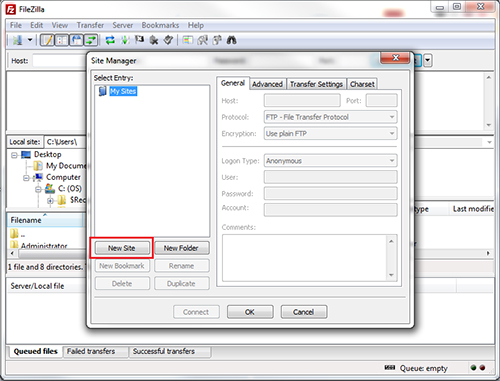 using filezilla to upload showing new site button