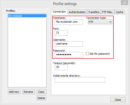 using notepad to upload with hostname, port,username and password details