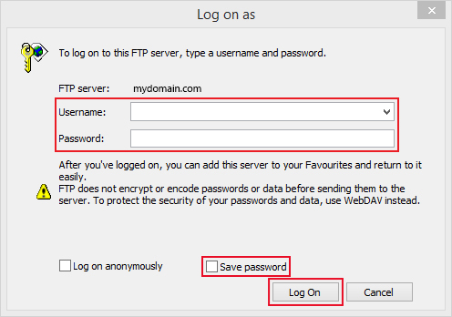 using windows 7 to upload and logging on with username,password, and saving password tick box