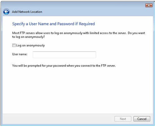 using windows vista to upload and specifying username and password