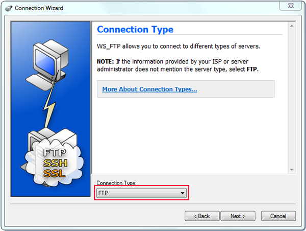 using ws to ftp to upload with connection wizard and connection type