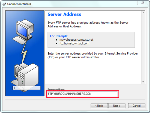 using ws to ftp to upload with connection wizard and server address