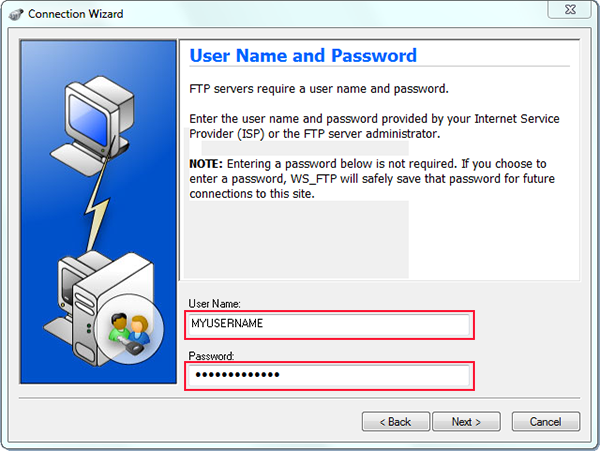 using ws to ftp to upload and providing username and password